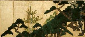 Six-Fold Screen depicting Pine and Cherry Blossoms, Edo Period by Nonomura Sotatsu