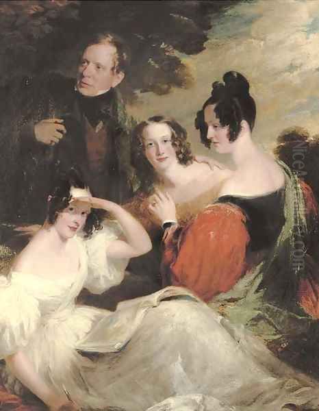 Portrait of Robert Robertson, 9th Laird of Auchleeks (1777-1859), in a green jacket and red waistcoat, with his wife Bridget, in a red and black dress - view 1