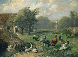 Duck and poultry by a pond by Julius Scheuerrer