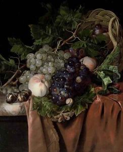 Still life with grapes, peaches, chestnuts, a butterfly and a snail