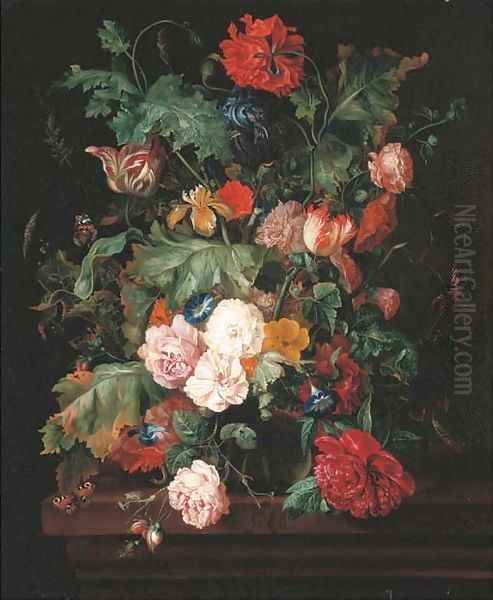 Roses, a lily and convulvulus in a glass vase, with two red admiral butterflies and a caterpillar, on a wooden ledge - view 1