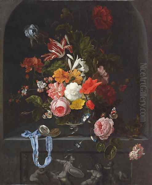 A parrot tulip, an iris, poppies, roses and other flowers in a glass vase with a pocket-watch and two butterflies in a niche - view 1