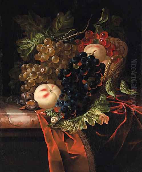 A still life of fruitgrapes and peaches in a basket on a draped marble ledge, with a mouse eating chestnuts - view 1