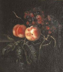 Peaches and grapes with a fly on a draped ledge by Ernst Stuven