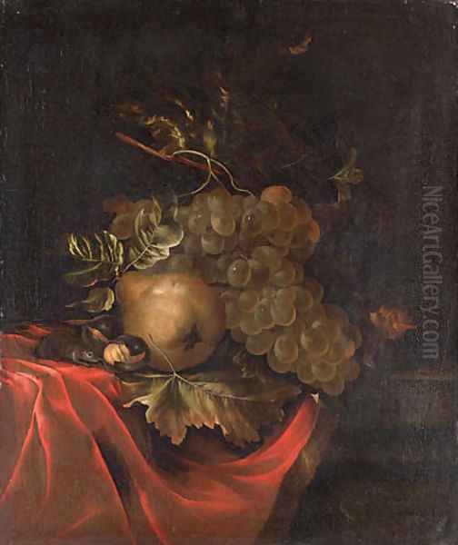 Grapes, a pear, a mouse and nuts on a partly draped ledge - view 1