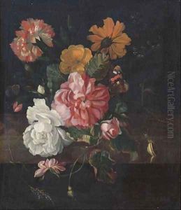 Roses with a butterfly, a bluebottle and a snail on a stone ledge by Ernst Stuven