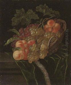 A pomegranate, apricots, grapes and peaches in a wicker basket on a partly-draped stone ledge by Ernst Stuven