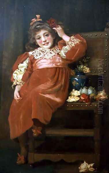 A full length portrait of a pretty young girl in a red dress, reclining in a chair - view 1