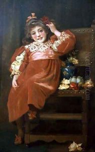 A full length portrait of a pretty young girl in a red dress, reclining in a chair by Hariette Sutcliffe