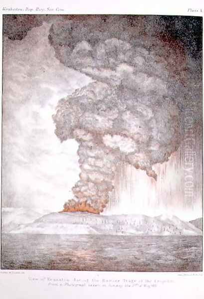 Krakatoa during the earlier stage of the eruption, after a photograph taken in 1883, plate 1 from The Eruption of Krakatoa, 1888 - view 1