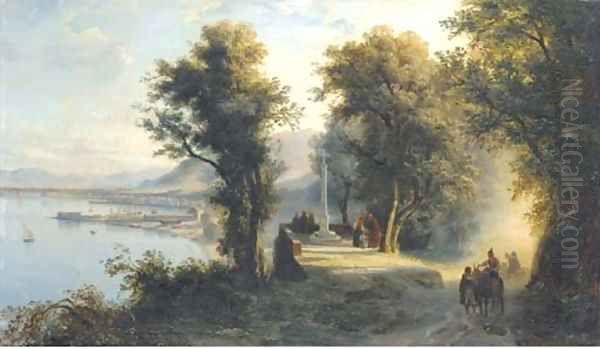 Villagers at a monument overlooking the Neopolitan coast - view 1