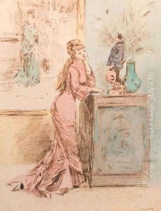 An elegant lady contemplating on a Chinese statue of a fisherman by Henry Somm
