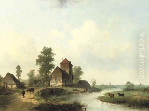 A polder landscape with figures by a bridge - view 1