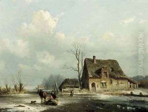 A horse-drawn-sledge on a frozen waterway