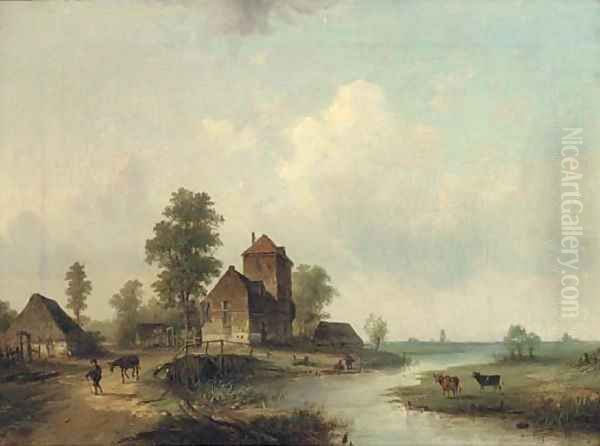 Figures by a bridge, a Dutch hamlet - view 1