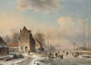 Skaters on a frozen river by Louis Smets