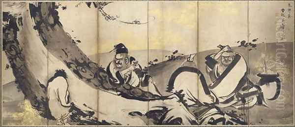 Four Sages of Mount Shang, one of a pair of six-panel folding screens, Edo Period, c.1768 - view 1