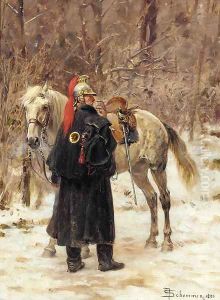 A French trumpeter standing by his mount in a winter landscape