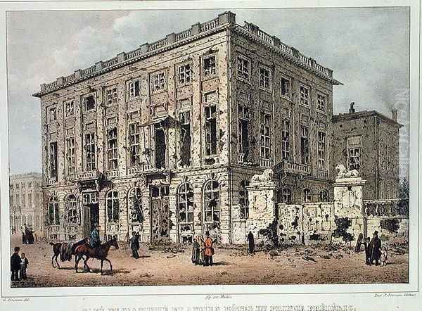 The Cafe Amitie and the Old Hotel du Prince Frederic, Brussels, after the Fighting of 23rd-26th September 1830, engraved by Jean Baptiste Madou 1796-1877 - view 1