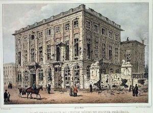 The Cafe Amitie and the Old Hotel du Prince Frederic, Brussels, after the Fighting of 23rd-26th September 1830, engraved by Jean Baptiste Madou 1796-1877