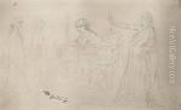 Studienblatt Mit Einem Jungen Madchen An Einem Balkon Und Weitere, Theaterhafte Figuren - view 1
