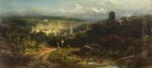 Landschaft Mit Burgtrum Und Stadt Im Tal by Carl Spitzweg