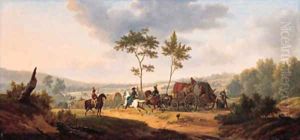An extensive wooded landscape with cavalrymen escorting a wagon train