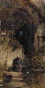 Eremit, Strumpfe Strickend (monk Knitting Socks) by Carl Spitzweg