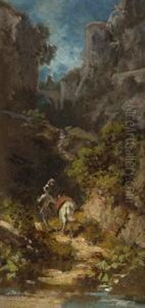 De La Mancha Mit Seinem Pferd 
Rosinante In Einer Felsschlucht Vor Einer Burg Auf Bergeskuppe Rechts. 
Rucks. Nachlasstempel, Zwei Stempel "carl Spitzweg Munchen 
Hildegardstr.7" Sowie Auf Alten Klebezetteln Bezeichnet Und Betitelt - view 1