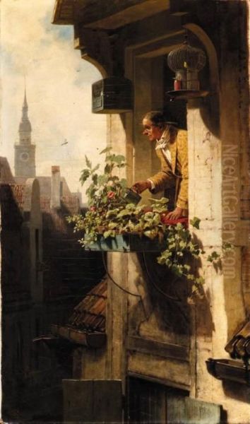 A Man Watering Flowers In A Window Box - view 1
