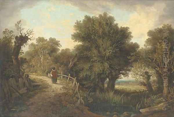 Figure by a pond in a wooded landscape - view 1
