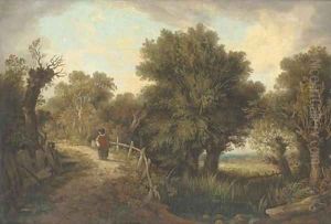Figure by a pond in a wooded landscape by James Sillett