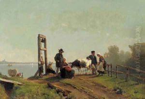 Peasents waiting for a ferry, lower Rhine Peasents waiting for a ferry, lower Rhine
