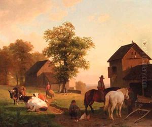 Farmyard with peasants and cattle