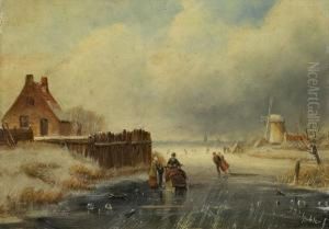 Winterlandschaft Mit Hausund Windmuhle