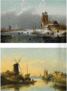 A Summer Landscape With A Ferry 
At A Riverside Windmill; A Winterlandscape With Skaters On The Ice (a 
Pair)