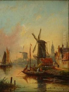 Dutch A Dutch River Scene With Boats And Windmills by Jan Jacob Coenraad Spohler