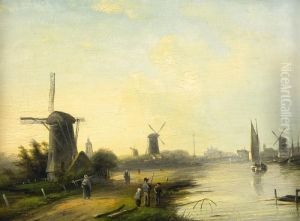 Hollandskt Kanallandskap Med Vaderkvarn Och Figurer