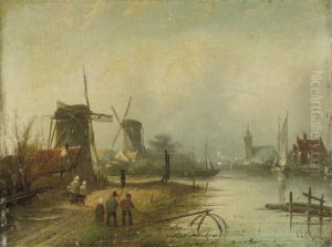 Wind Mills In A River Landscape