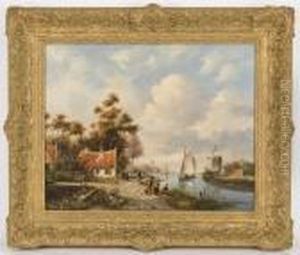 A Summer River Landscape With Windmill In Background by Jan Jacob Coenraad Spohler