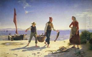 Landing the catch, Hornhaek beach, 1858 by Herman Carl Siegumfeldt