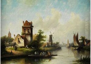 Kanallandschaft Mit Einem Fahrschiff, Turm Und Windmuhle