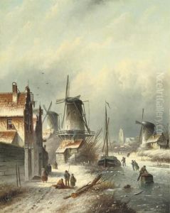 Winter In A Small Town With Windmills