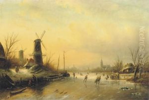Skaters On The Ice With A City Beyond