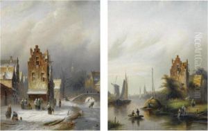 Figures In A Wintry Dutch Town; A River Scene With Washerwomen (apair) by Jan Jacob Coenraad Spohler