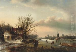 A Winter's Day With Skaters On The Ice And Windmills In Thedistance