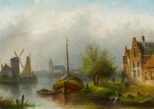 Summer Landscape With Ships At The Shore, A Windmill And A Churchin The Background