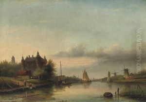 A Dutch River Landscape With A Castle By The Water-front by Jan Jacob Coenraad Spohler