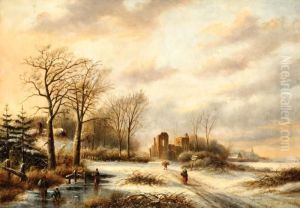 Winter Lanscape With Figureson The Ice And A Ruin In The Background