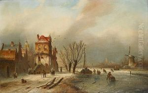 Dutch Winter Scene With Figures Skating On A River by Jan Jacob Coenraad Spohler